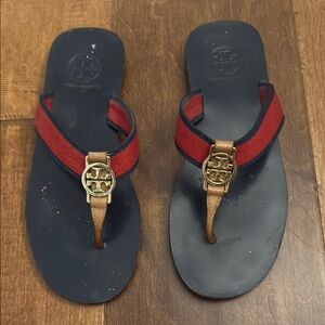 Tory Burch Red and Navy Sandals with Gold Emblem